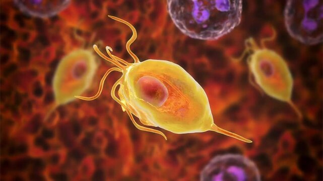 Trichomonas vaginalis trophozoites, 3D animation showing slowly rotating flagellated protozoa, illustrating sexually transmitted parasitic infection.