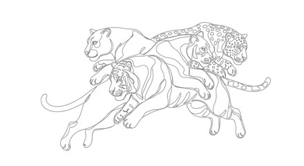 Group of wild cats running in minimalist continuous line art © Fridi