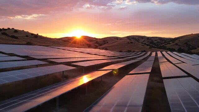 Rows of solar panels in a field at sunset