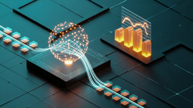 A futuristic digital illustration of a neural network visualization on a dark technological background.