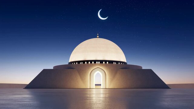 Majestic dome structure illuminated under a crescent moon at twilight. Represents architectural beauty and cultural significance in serene settings