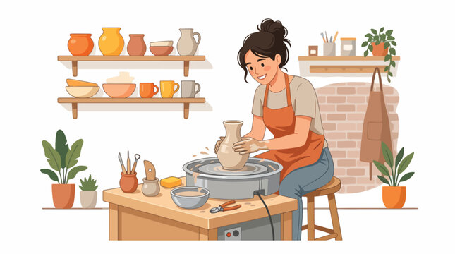 Woman working on pottery wheel ceramics 1.