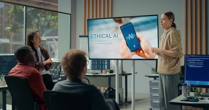 Office Presentation Meeting: Woman Presenter Explains Ethical Ai Mobile App Concepts on Big Screen While Diverse Software Engineers Brainstorm Coding, Ui Design and Cybersecurity Strategy