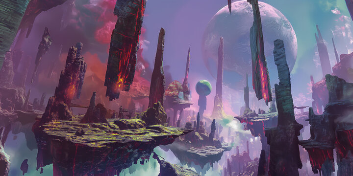 Surreal sci fi landscape with floating stone monoliths and alien planets in a cosmic sky
