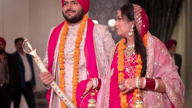 Indian Bride and Groom Walking Together After Wedding Ceremony
