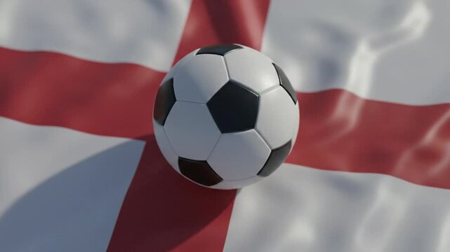 A soccer ball sits centered on a waving flag of England. The classic black and white ball remains steady while the fabric of St George's Cross ripples in the wind.