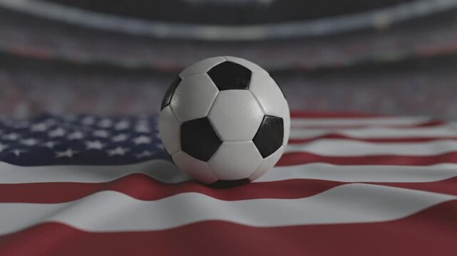 A soccer ball rests on a waving American flag inside a blurred stadium, symbolizing national pride and the sport's spirit in the United States.