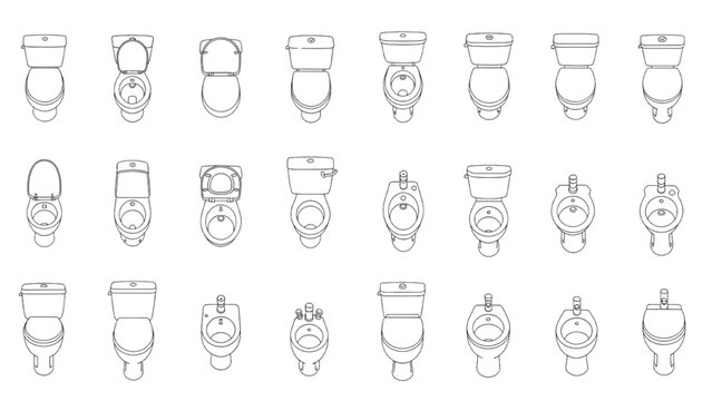 Collection of different toilet design outline icons from top view. Clean Vector Icons and Design Elements
