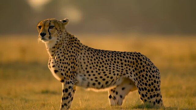 Majestic cheetah standing gracefully in golden grassland. Symbol of speed and elegance in the wild, showcasing nature's beauty