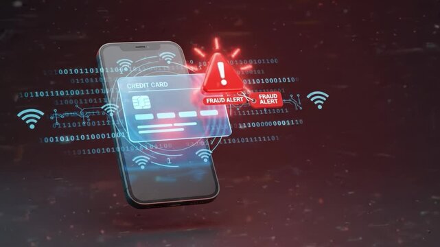 Mobile phone credit card fraud alert digital security wireless network data protection cybersecurity online transaction technology internet safety communication electronic device virtual interface