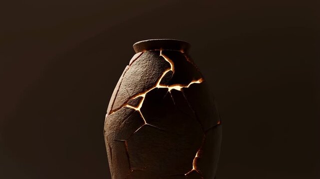 Cracked ceramic vase illuminated from within, showcasing the beauty of imperfection and the art of kintsugi. A symbol of resilience and transformation