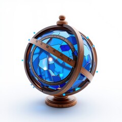 Fototapeta premium Intricate armillary sphere, wooden rings, blue globe. Roman numerals mark hours, light source visible within. Detailed craftsmanship, elegant design.