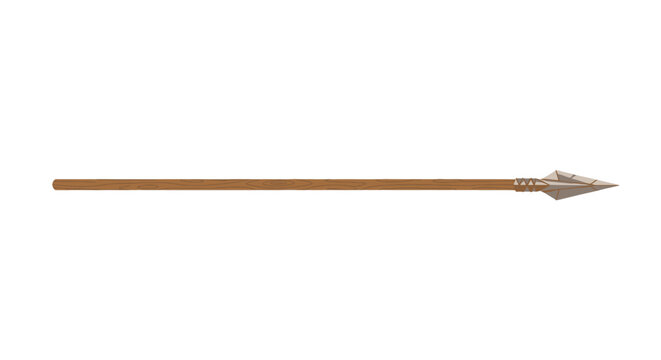Traditional wooden spear with stone tip displayed against white background