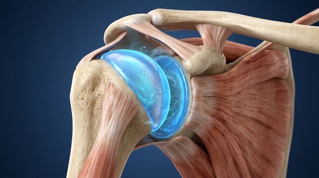 Detailed 3D anatomy of the human shoulder joint with bones, muscles, and glowing blue articular cartilage