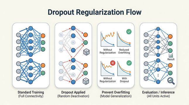 Neural network diagrams illustrating dropout regularization technique in action