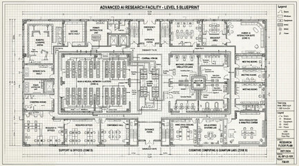 Fototapeta premium Advanced ai research facility level 4 floor plan blueprint