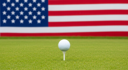 Obraz premium Golf ball on white tee on green grass field with blurred American flag, celebrating Independence Day USA golf and patriotic sports