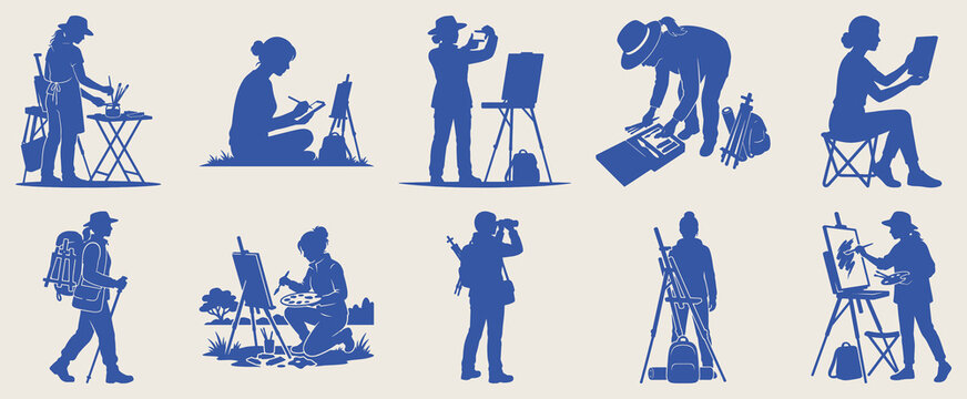 Outdoor painter artist silhouette collection with easel sketching and landscape painting