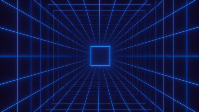 Neon Grid Tunnel: An abstract digital art piece depicting a seemingly infinite tunnel formed by glowing blue grid lines converging towards a central, illuminated square.