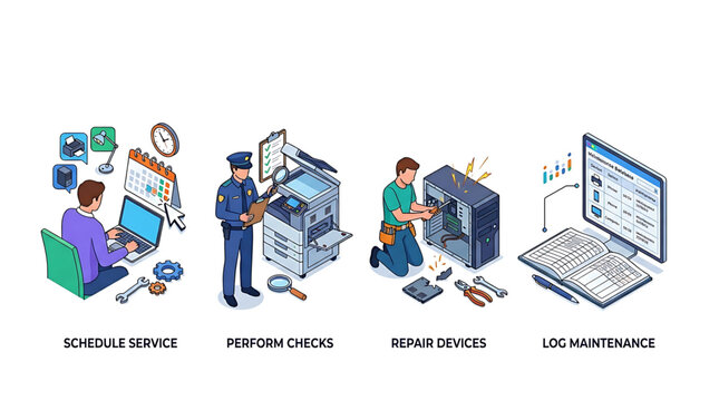 Technicians performing scheduled service, checks, repairs, and logging maintenance on various devices in a workshop environment with tools and computers.