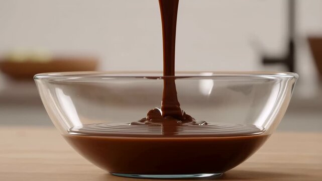 Rich chocolate sauce pouring into a glass bowl. Ideal for dessert preparation and culinary creativity