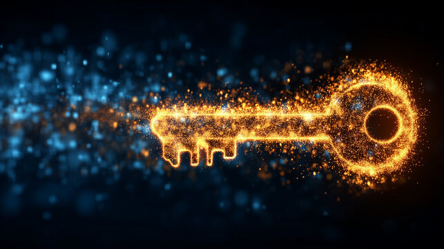 Glowing golden key symbol made of luminous particles in blue digital data rain, futuristic cybersecurity access concept, secure login, encryption, privacy protection, digital ident