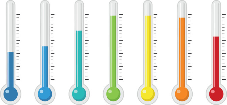 Temperature Gauge Set with Colorful Thermometers Indicating Heat Cold and Environmental Monitoring Vector Illustration