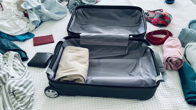 Empty black suitcase on bed surrounded by folded clothes and accessories ready for packing