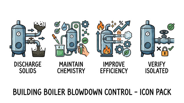 Industrial icons illustrate building boiler blowdown control systems efficiently