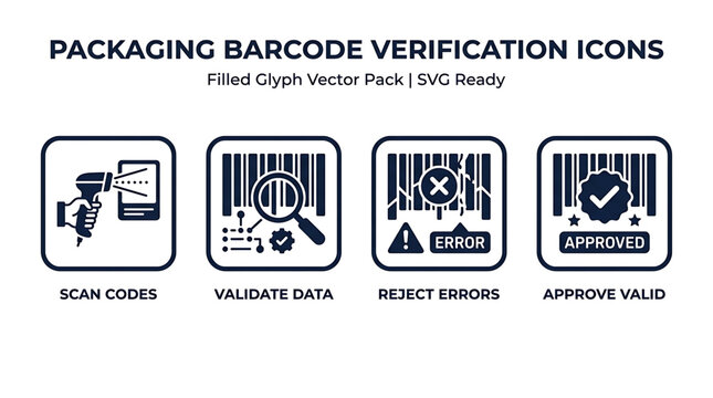 Barcode verification icons illustrate scanning codes for approval
