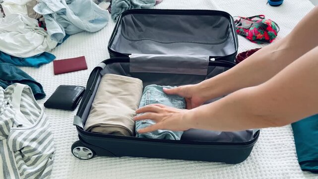 Luggage suitcase filled with neatly folded clothes and personal items on a bed