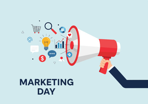 Marketing day concept with megaphone and icons