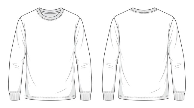 Front and back view of a white long sleeve tshirt with ribbed cuffs, vector fashion illustration template isolated on white background