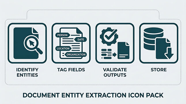 Document entity extraction process icons show identify, tag, validate, and store steps