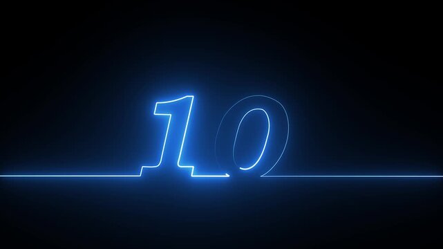 Neon blue glowing number ten on a dark background
