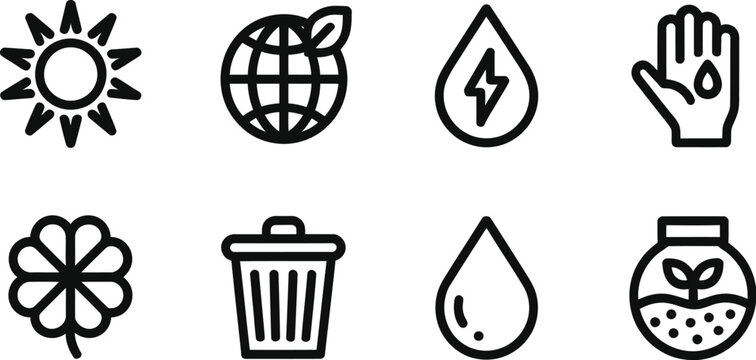 Minimalist ecology and green environment line icon set featuring sun globe leaf energy water hand clover trash and sprout jar.