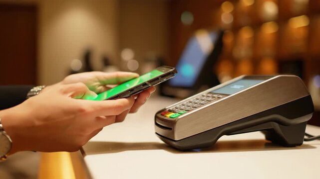 Person Hand Wearing Watch Tapping Smartphone on Modern Metallic Payment Terminal on Smooth White Counter