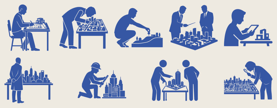Architect and urban planner silhouette collection with city model vector set