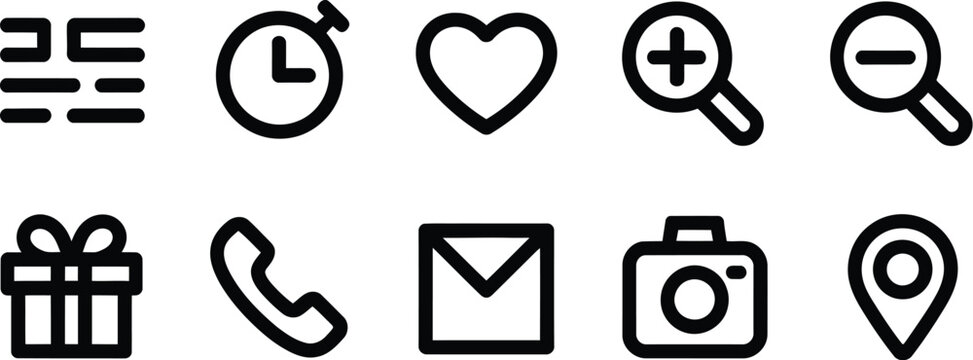 Minimalist user interface line icon set featuring web menu text stopwatch heart zoom tools gift phone envelope camera and pin.