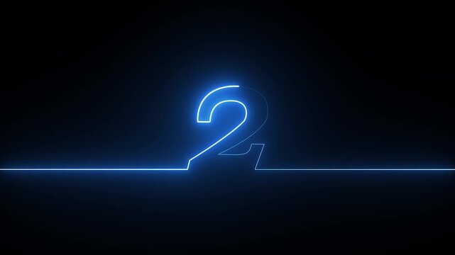 Glowing blue neon number two symbol with a continuous light line on a dark background