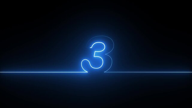 Neon blue number three glowing on a dark background