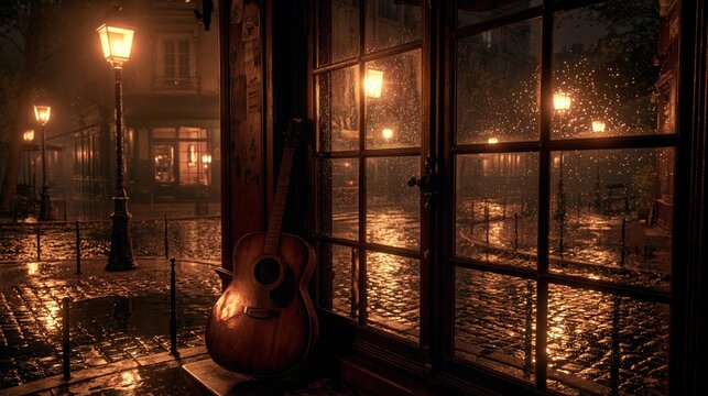 Paris France Europe lifestyle. A moody, atmospheric depiction of a rainy night scene. A classical guitar rests on a cobblestone street, illuminated by the warm glow of a street lamp on the left.