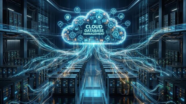 Cloud database management with glowing data connections in modern server room showcasing secure digital network technology and seamless data flow for advanced network security and connectivity