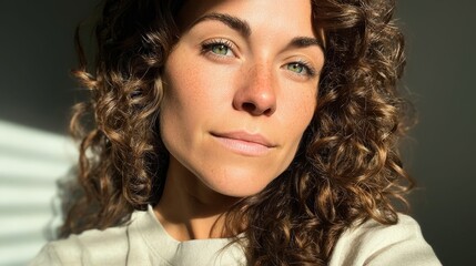 Naklejka premium Close-up portrait of a woman with curly brown hair and green eyes bathed in sunlight