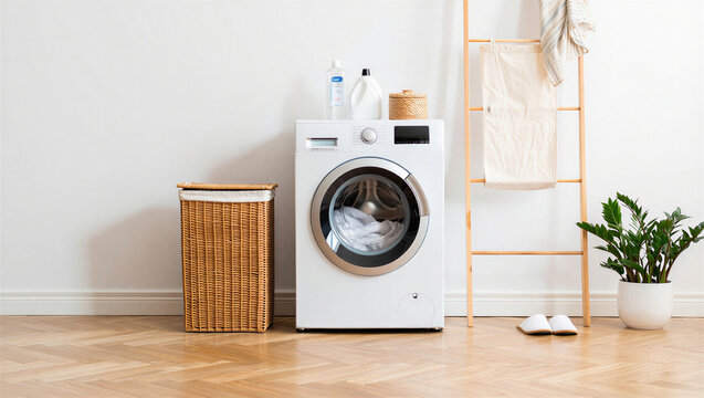 Minimalist laundry room design with modern washer and wicker hamper on wood floor, interior