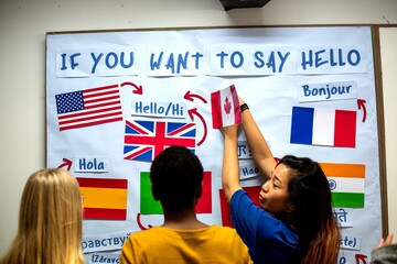 Diverse group learning greetings with international flags on a board. © Rawpixel.com