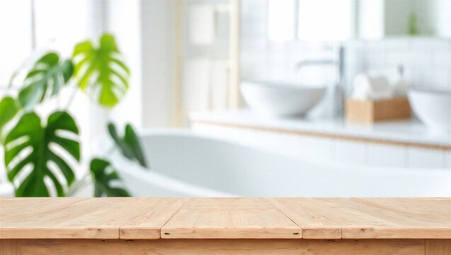 Empty wooden table top with blurred bathroom and monstera plant background for product display