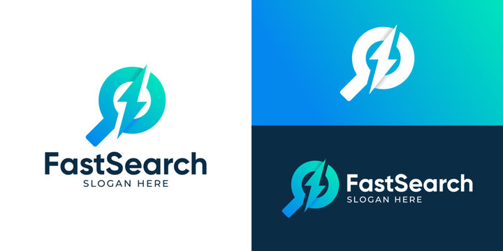 Creative modern fast search logo template. Abstract magnifying glass with thunder bolt lightning symbol, quick find logo design vector illustration.