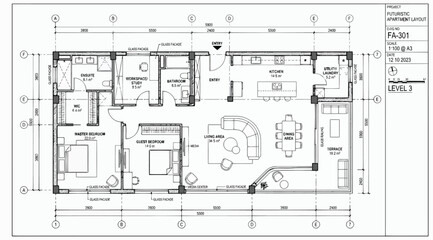 Architectural floor plan of a level 3 futuristic apartment unit © Saharia