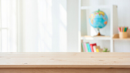 Empty desk surface in bright classroom setting with background classroom education interior © PG Studio